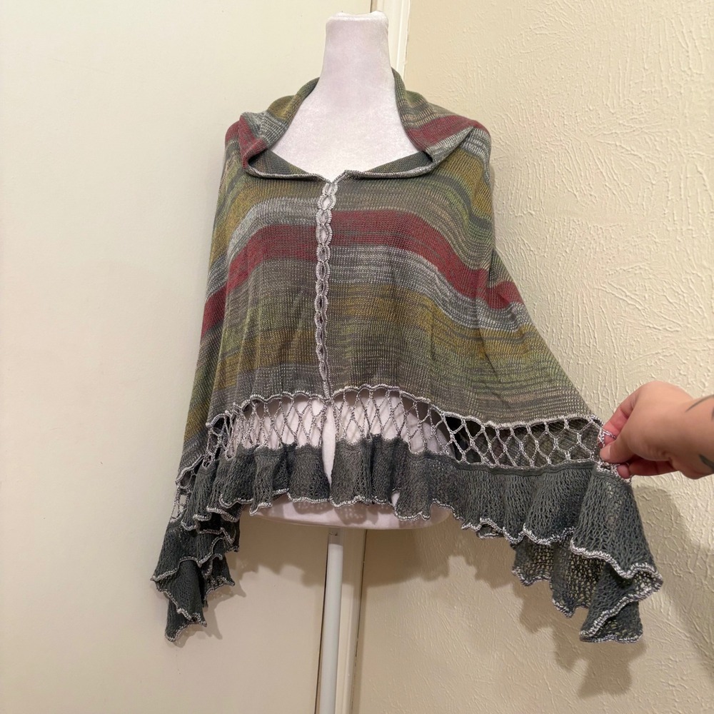 Gray Green Maroon Striped Knit Lace Poncho Shawl Ruffle Trim Grunge Boho Fall